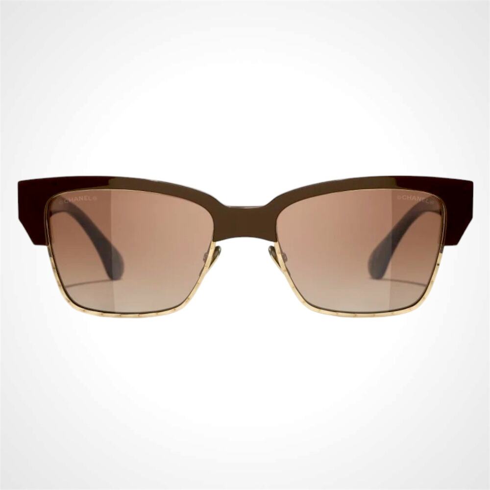 New CHANEL Sunglasses Brown Gold Cat Eye Square Metal Acetate Quilted Womens - Picture 2 of 5